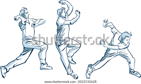 Illustration of Bowler bowling in cricket game and
action poses.