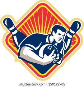 Illustration of a bowler ready to throw bowling ball viewed from side with pins background set inside diamond done in retro style on isolated background.
