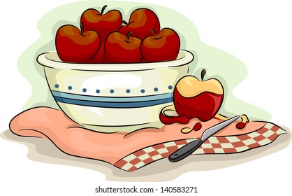 Illustration of Bowlful of Apples with a Peeled Apple on the Side