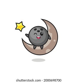 illustration of bowling ball cartoon sitting on the half moon , cute style design for t shirt, sticker, logo element