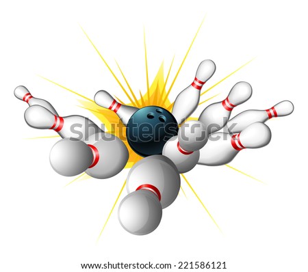 An illustration of a bowling ball getting a strike with bowling pins sent flying 