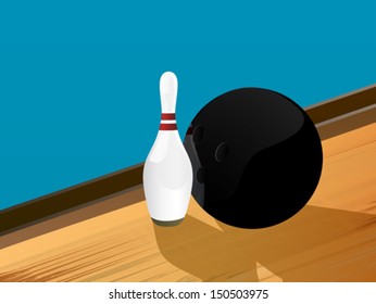 Illustration of a bowling ball and pin on the alley