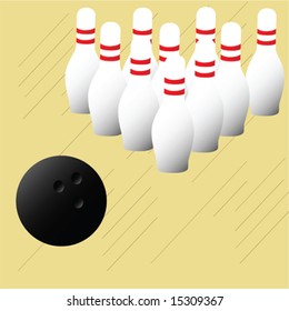 Illustration of bowling ball and pins on wooden surface