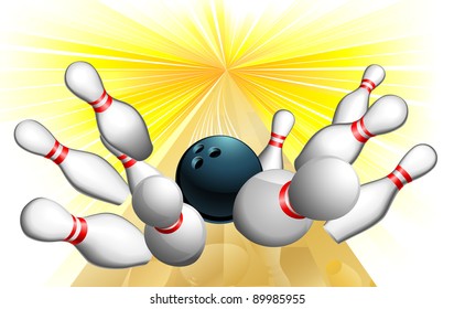 An illustration of a bowling ball scoring a strike