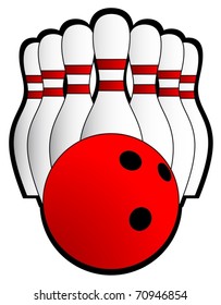 Illustration of a bowling ball and seven pins