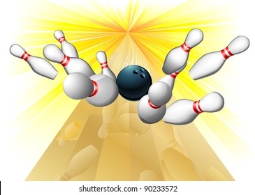 Illustration of a bowling ball smacking into ten pins scoring a strike