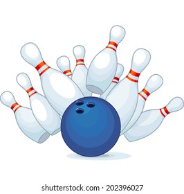  Illustration of a bowling ball strike with falling pins.