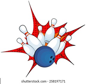 Illustration of a bowling ball strike with falling pins