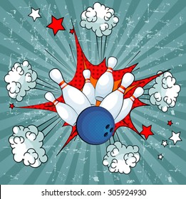 Illustration of a bowling ball strike with falling pins