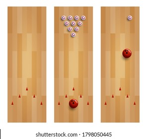 Illustration of a bowling lane collection. Set three bowling alley with pin and ball vector illustration