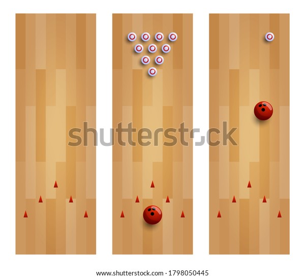 Illustration of a bowling lane\
collection. Set three bowling alley with pin and ball vector\
illustration