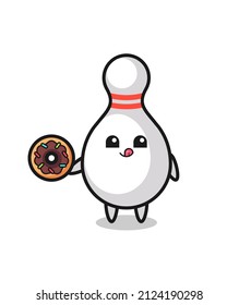 illustration of an bowling pin character eating a doughnut , cute style design for t shirt, sticker, logo element