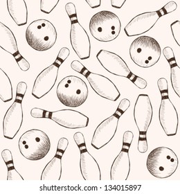 Illustration of bowling pins and balls, seamless pattern