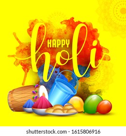 Illustration of Bowls Full of Powder (Gulal) with Dholak, Blue Bucket, Balloons, Indian Sweet (Gujia) and Watercolor Effect on Yellow Mandala Background for Happy Holi Celebration.