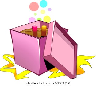 Illustration of box with cosmetics items on a colour background	