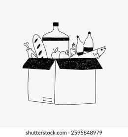 Illustration of a box filled with groceries. Groceries include bread, fish, and bottles. Simple black and white grocery box sketch with various items. Doodle illustration vector.