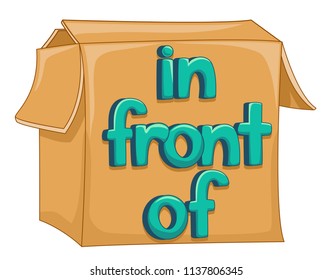 Ilustración de una caja y las palabras delante de como parte de la clase de inglés