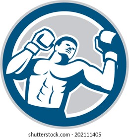 Illustration of a boxer boxing punching set inside circle done in retro style