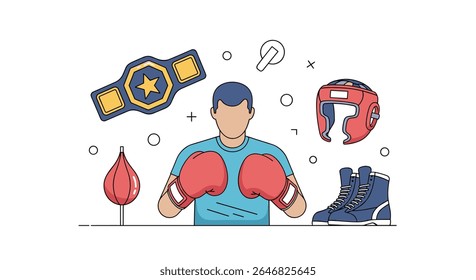 Illustration of a Boxer with Essential Training Equipment and Championship Belt Celebrating a Victory
