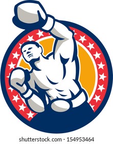 Illustration of a boxer jabbing punching set inside circle with stars around done in retro style