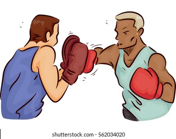 Illustration of a Boxer Throwing Punches as His Trainer Blocks Them with a Pair of Mitts