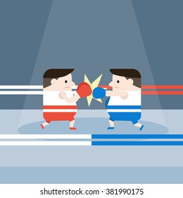Illustration of boxers are boxing on the boxing ring. Vector illustration flat style.