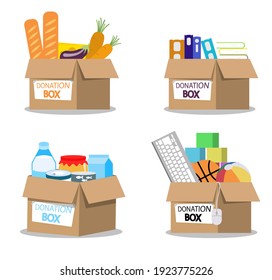 Illustration of Boxes Full of Things for Donation. Colorful charity cardboard for donating help homeless and support needy isolated on white