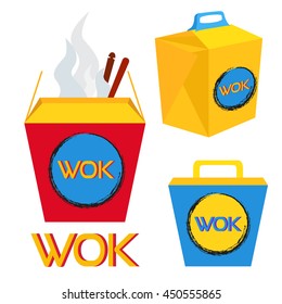 Illustration of boxes for wok food, chinese and japan food. Ramen set in bright colors. Flat style.