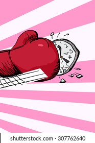 Illustration of boxing glove hitting a clock over pink