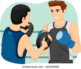 Illustration of a Boxing Instructor Blocking the Punches of His Trainee as He Teaches Him How to Box