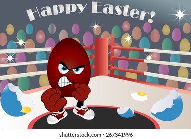 Illustration Of A Boxing Match, The Red Corner Of The Mat, With Red Easter Egg Emoticon - Winner And Broken Shell Of His Opponent - A Blue. Audience Of Colorful, Painted Eggs. Inscription Happy Easter