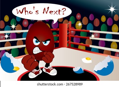 Illustration Of A Boxing Match, The Red Corner Of The Mat, With Red Easter Egg Emoticon - Winner And Broken Shell Of His Opponent - A Blue Egg. Audience Of Colorful, Painted Eggs, And Camera Flashes.