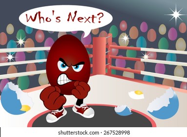 Illustration Of A Boxing Match, The Red Corner Of The Mat, With Red Easter Egg Emoticon - Winner And Broken Shell Of His Opponent - A Blue Egg. Audience Of Colorful, Painted Eggs, And Camera Flashes.