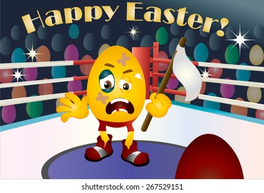 Illustration Of A Boxing Match, The Red Corner Of The Mat With Yellow Easter Egg Emoticon , Scared -narrated Keep White Flag, Lost The Match By A Red Egg Boxer. Audience Of Colorful, Painted Eggs.