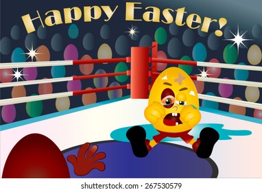 Illustration Of A Boxing Match, The Red Corner Of The Mat. Loss Of Yellow Easter Egg Emoticon - Crying, With A Flat Shell And Shiner. Audience Of Colorful, Painted Eggs, And Camera Flashes.