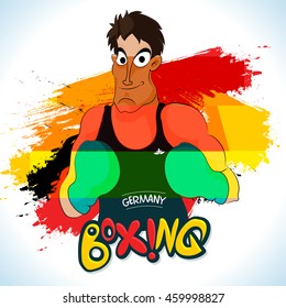 Illustration of a boxing player ready to fight on German Flag colors abstract background for Sports concept.