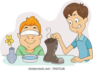 Illustration of a Boy About to Sniff a Smelly Shoe