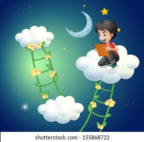 Illustration of a boy above the cloud watching a picture