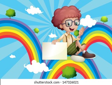 Illustration of a boy above the rainbow holding an empty board