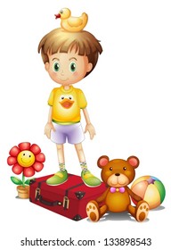 Illustration of a boy above the red box with his different toys on a white background
