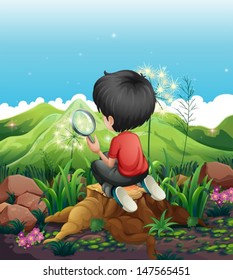 Illustration of a boy above a stump with a magnifying glass