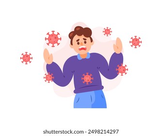 illustration of a boy afraid of contracting an infectious disease. afraid of being infected with a virus and bacteria. surrounded by viruses. health problems. flat style character design. graphic