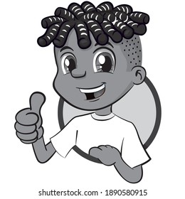 Illustration boy afro-descendant signaling ok, approved, correct, art line. Ideal for institutional and promotional materials