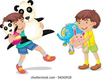 Illustration of  a boy with animal toys on white