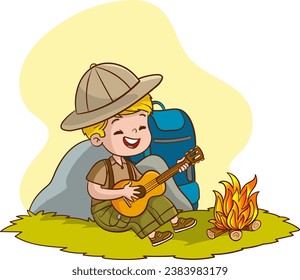 Illustration of a Boy Around a Campfire with a Guitar