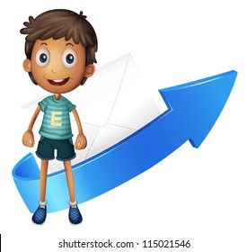 ilustración de un niño, flecha y envolver sobre un fondo blanco
