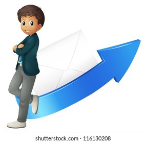 illustration of a boy, arrow and envelop on a white background