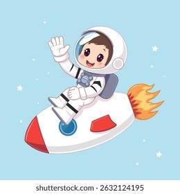 Illustration of a boy astronaut flying on a rocket in space