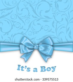 Illustration Boy Baby Shower Invitation Card with Blue Bow Ribbon - Vector