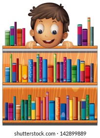 Illustration of a boy at the back of a wooden shelves with books on a white background